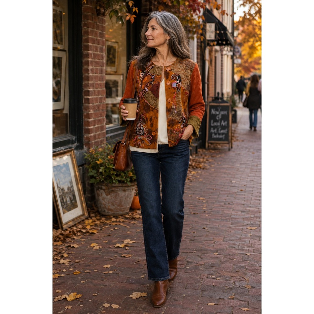 Coldwater Creek Embroidered Velvet Patchwork Jacket 1X Boho Autumn Art to Wear